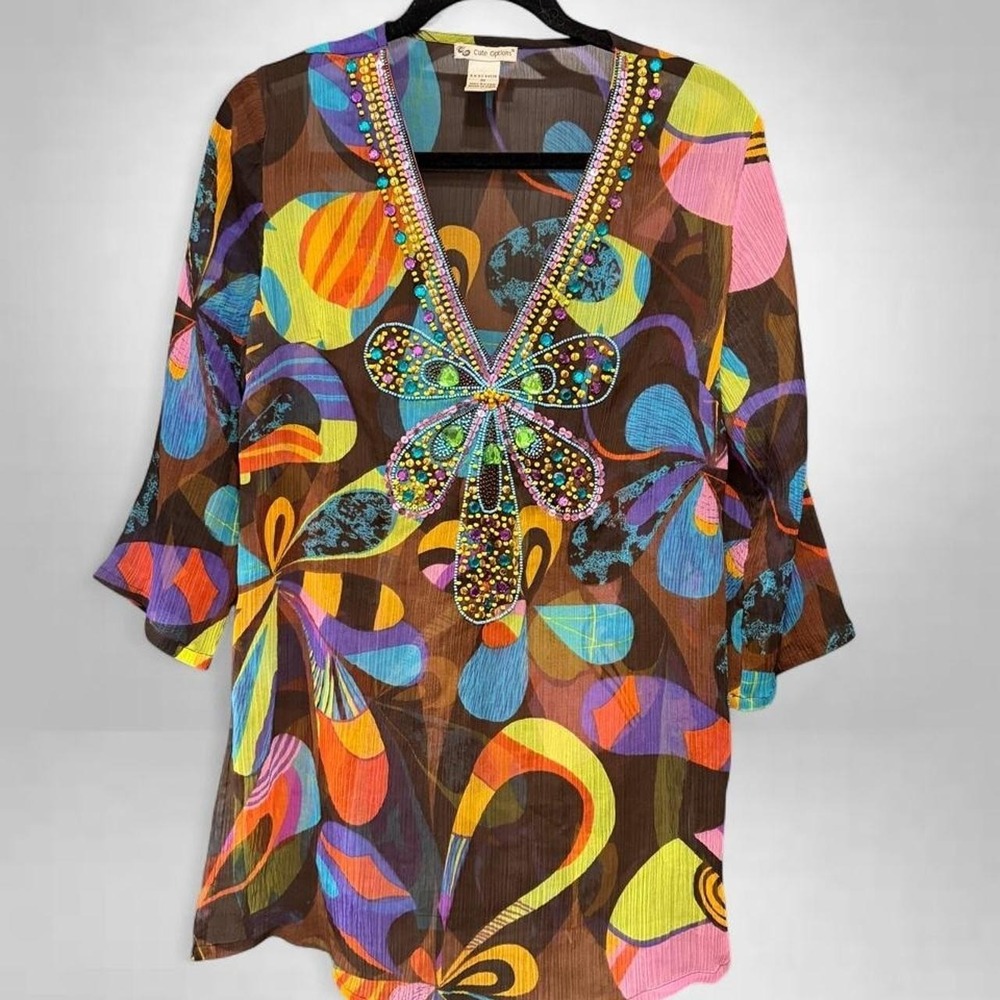 Cute Options floral and sequin sheer top/short coverup! with dragonfly design M